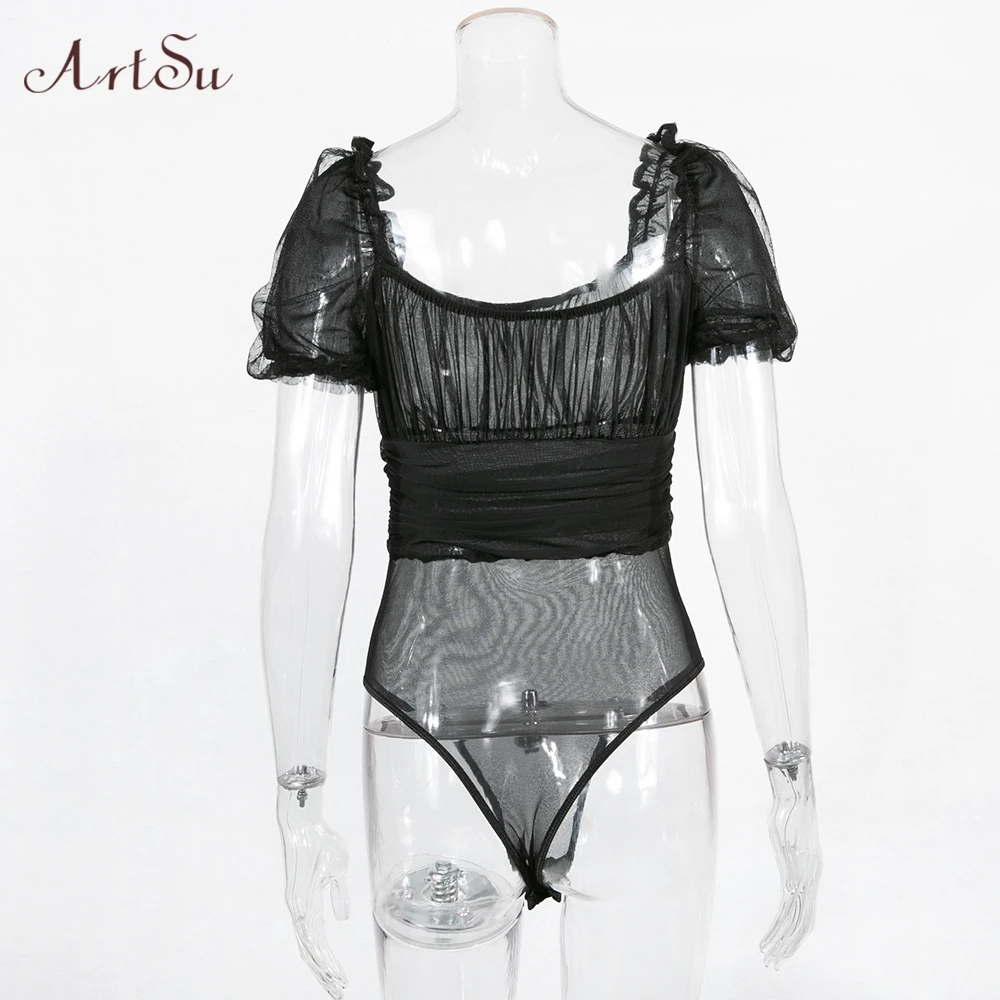

ArtSu Square Collar Sexy Hollow Out Mesh Bodysuit Women Tops See Through Party Club Puff Sleeve Black Bodysuits ASJU60460