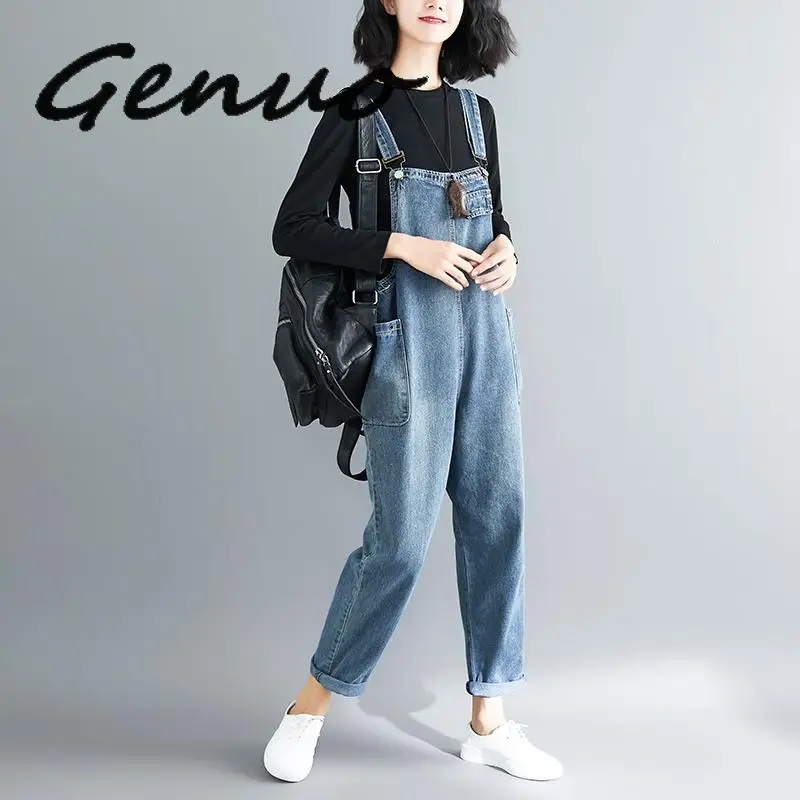Свободные джинсы женский комбинезон большие размеры карманы широкие штанины
