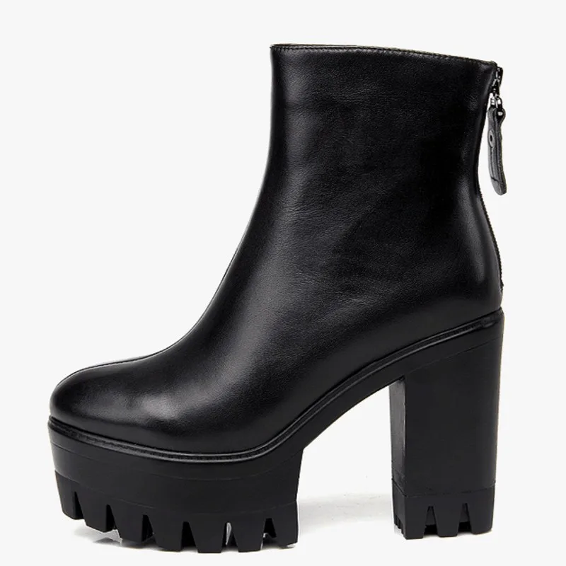 

Genuine Leather Autumn Leather High Heel Womens Ankle Boots Roung Toe Back Zip Thick Bottom Fleece liner Female Platform Boots