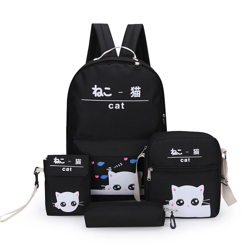 Vfemage 4pcs Canvas Women Backpack Set Korean Kawaii Cute Cat Prints Backpacks For Teenage Girls School Bags Pencil Case Pouch | Багаж и