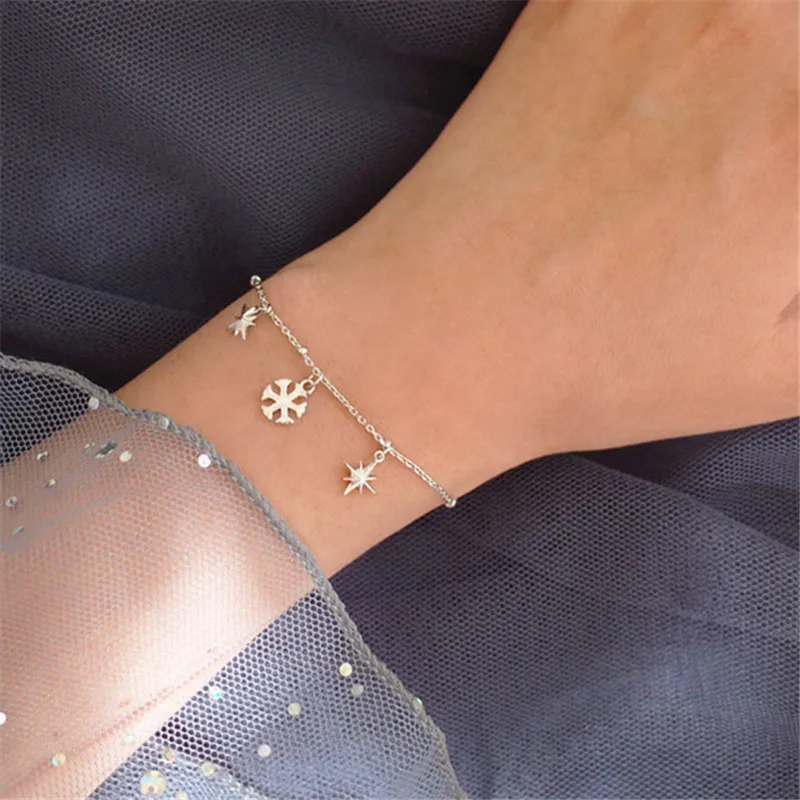 

Женский браслет со звездами и снежинками, элегантный браслет из стерлингового серебра 925 пробы с подвесками в подарок, Ювелирное Украшение ...