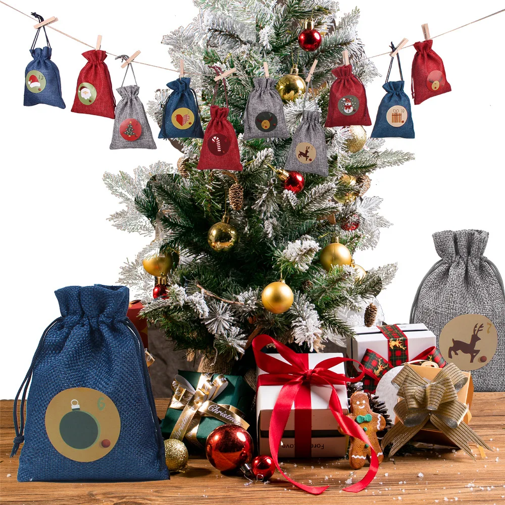 

24 Advent Calendar Christmas Burlap Advent Calendar Bags DIY Christmas Embellishments with Clips Set Gift Drawstring Bags