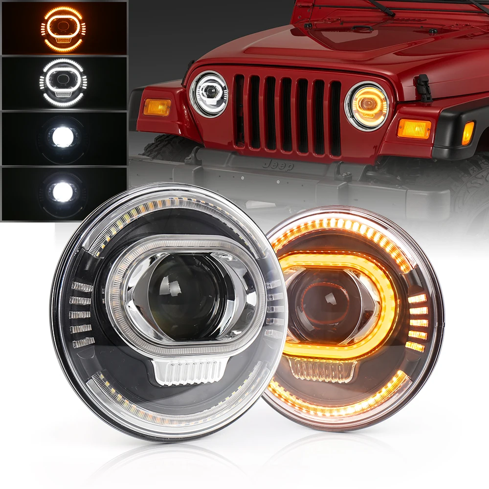 

7 Inch LED Headlights with Hi/Lo Beam White DRL Amber Turn Signal Compatible with -Jeep-Wrangler JK TJ CJ LJ Hummer H1 H2