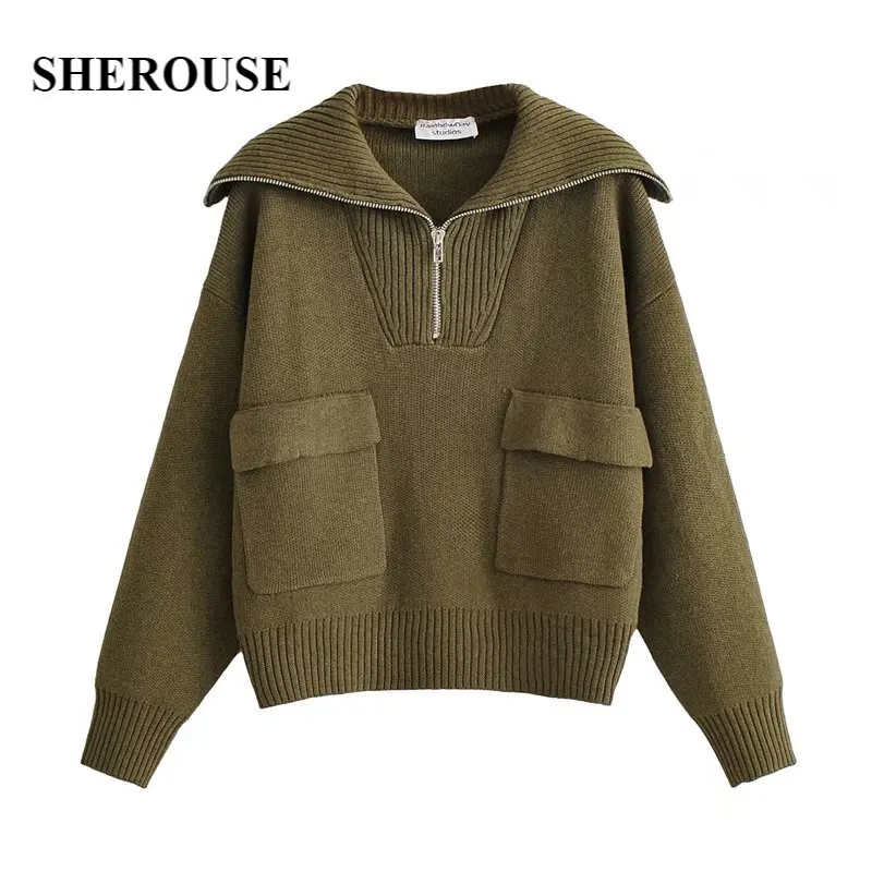 

Sherouse Women Fashion Brown Front Zipper Knitted Sweater Vintage Lapel Neck Long Sleeves Female Sweaters Pullover Chic Tops