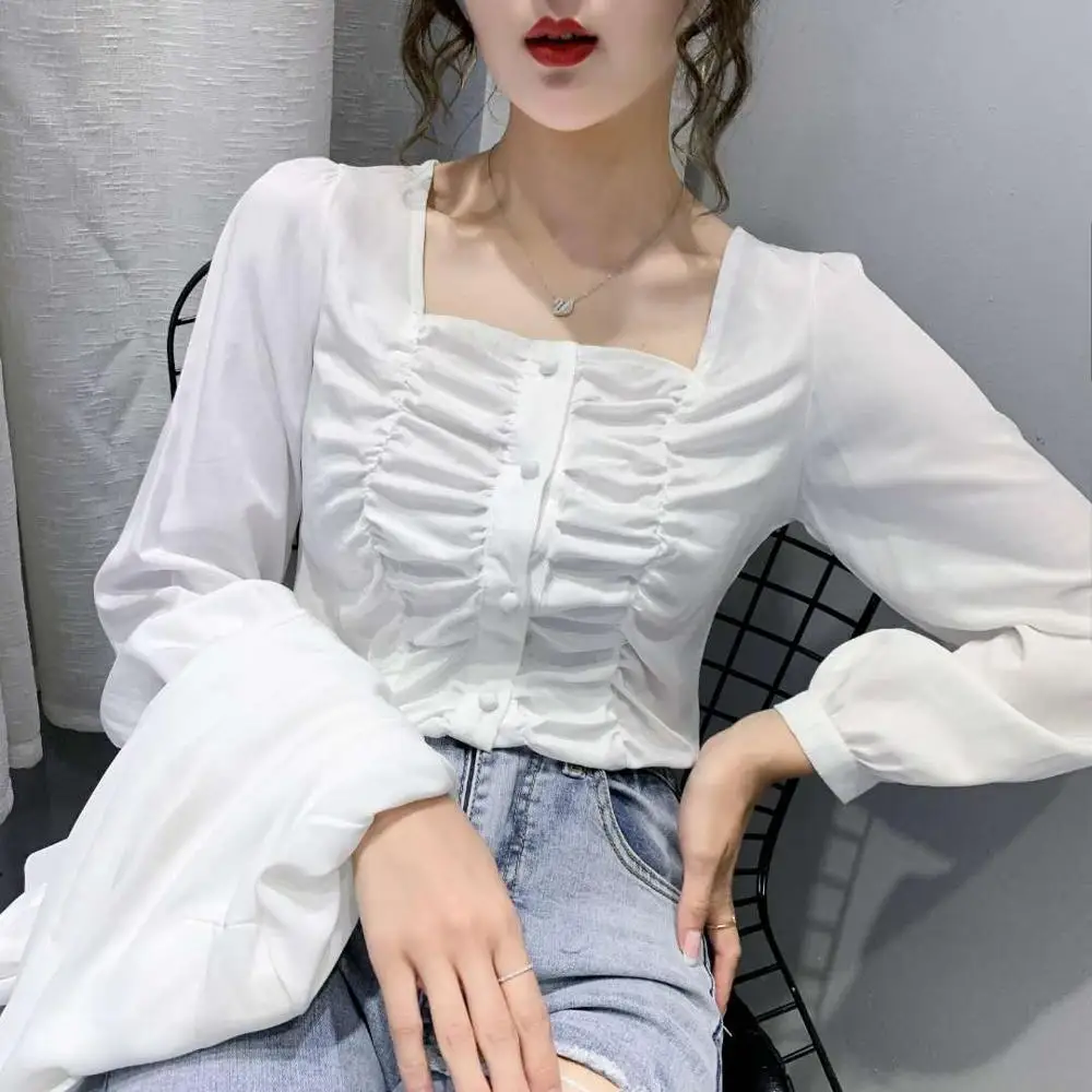 

Free Shipping Solid Square Collar Women's Puff Long Sleeve Shirt Vintage Single Breasted Lady Blouse Black White Green Yellow