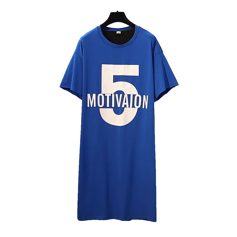 

Cotton T-shirt Dress 4xl Plus Size Letter Printed Korean dress Blue Stright Dress 2020 Summer Loose Women Dress Large Size