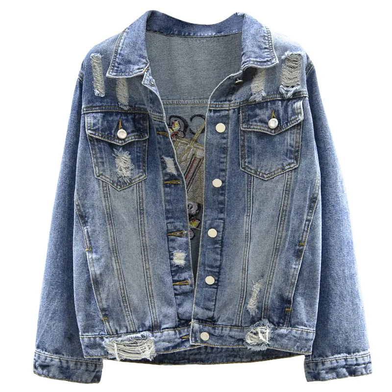 

2021 5XL Spring Summer Embroider Crop Denim Jackets Women Casual Jeans Bomber Jacket Long Sleeve Denim Coat Plus Size