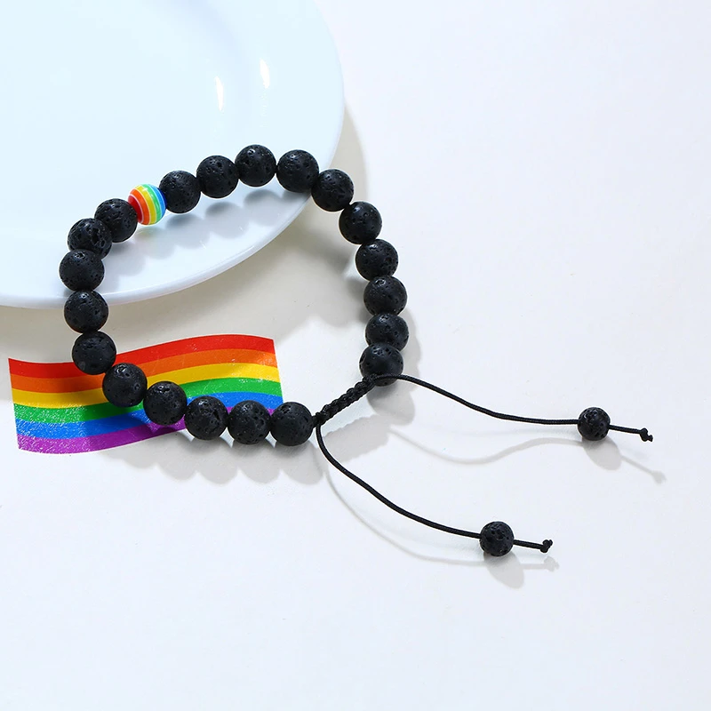 Браслет из лавового камня с бусинами минималистичный Черный Плетеный веревочный