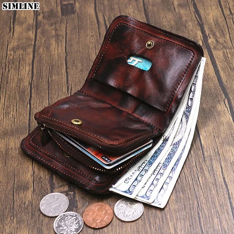 2022 Genuine Leather Wallet For Men Male Vintage Cowhide Short Small Men's Purse Card Holder With Zipper Coin Pocket Bag Women