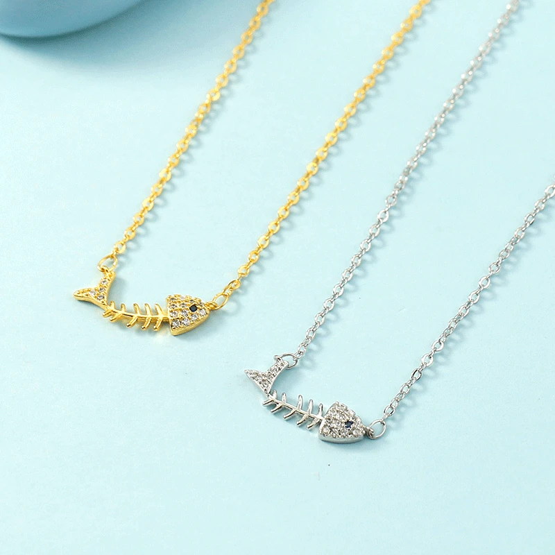 

TSHOU451 Fashionable sweet fish bone metal necklace wild simple irregular zircon clavicle chain