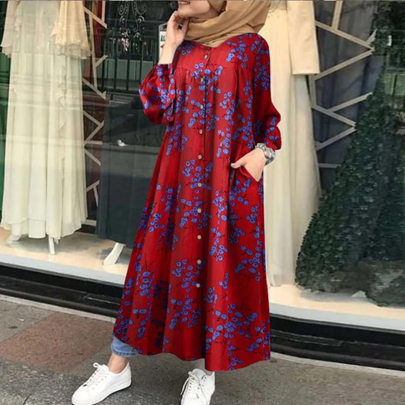 

British Canada Abaya Printed Pocket Cardigan Fashion Large Size Long Skirt Retro Muslim Women Dress Islamic National Clothing