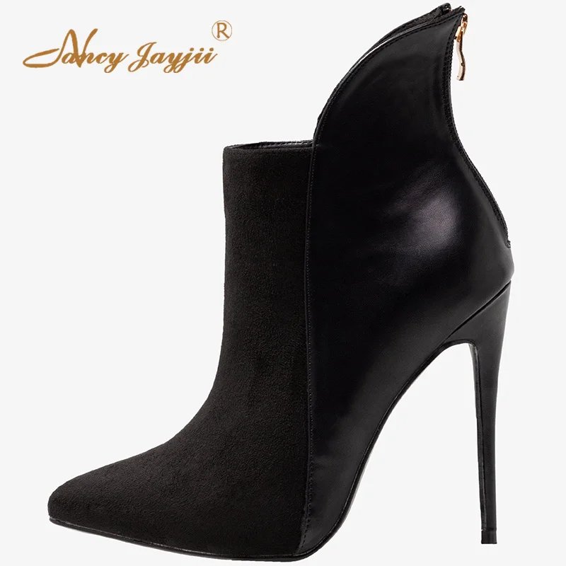 

Nancyjayjii Women’S Flock Leather Ankle Boots Almond Toe Super Stiletto Heel Short Booties For Female Back Zipper Winter Shoes