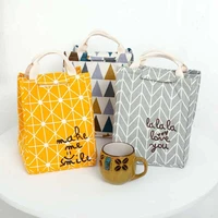 12pcslot canvas insulated lunch bag geometric pattern travel picnic lunch opener tote food container tote pouch