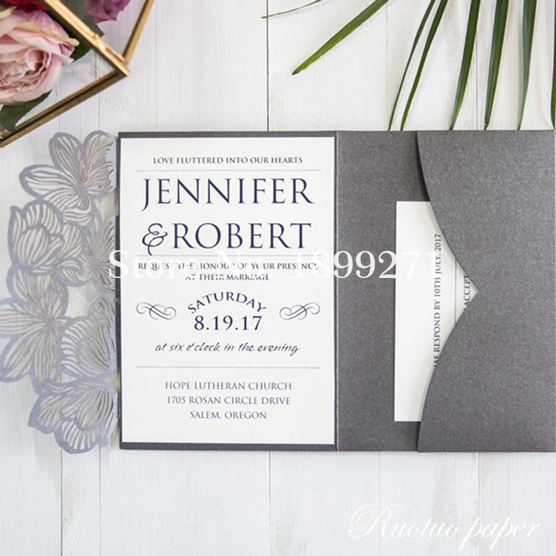 Образец горячей продажи уникальной красивой трехслойной визитной карточки с вырезом лазером в форме цветов, оптовые свадебные пригласительные карточки RC118-303.