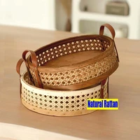 natural indonesian real rattan cane basket with handle hand woven round home fruit bread storage organizer decoration