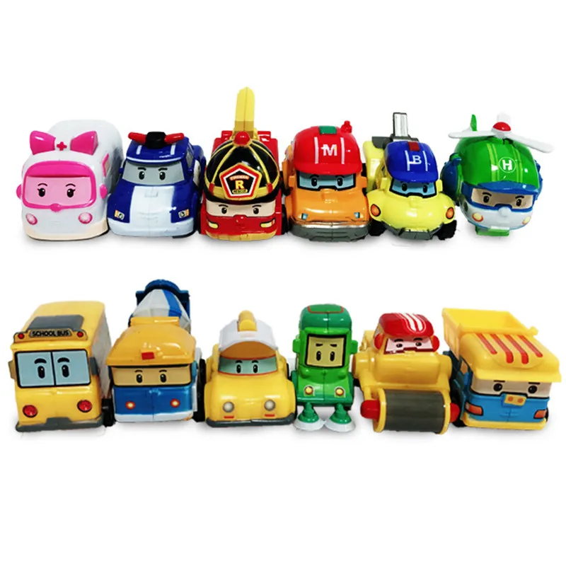 

8pcs or 12pcs/box Anime Poli Car Toys School Bus Taxi Roller Fire Truck Ambulance Police Helicopter Model Kids Christmas Gifts