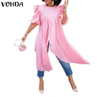 Богемные топы, женские пикантные длинные рубашки с пышными рукавами для вечерние, Офисная Женская блузка 2021 VONDA, винтажные однотонные рубашки для женщин