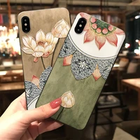 embossed lotus phone case for iphone 11 12 13 promax x xr xs max capa chinese style soft tpu back cover for iphone 7 8plus coque