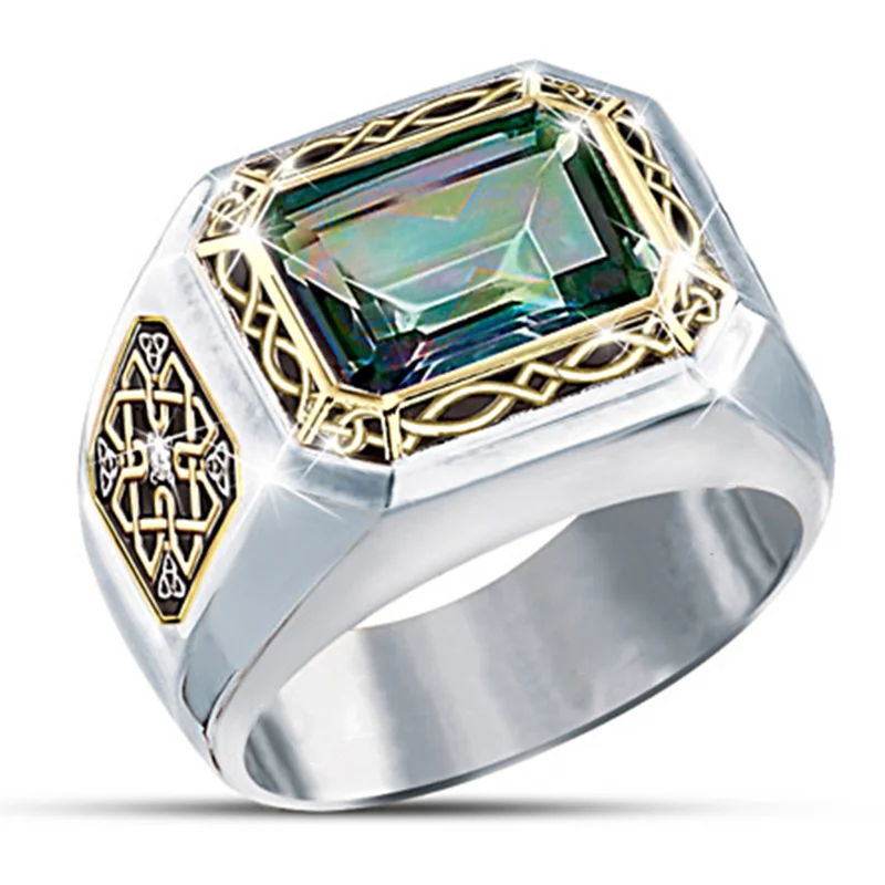 Женское Большое Квадратное кольцо из зеленого циркония роскошное золотистое с