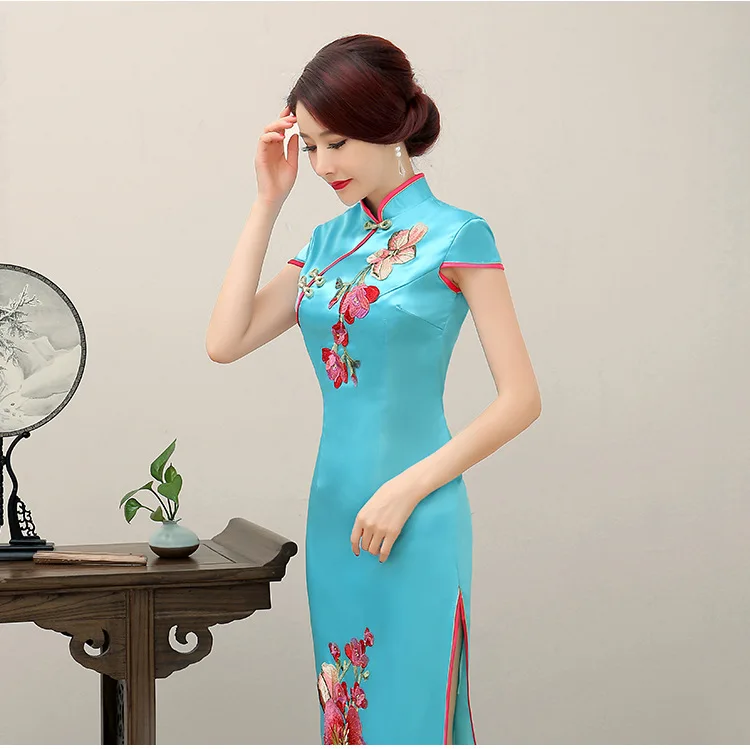 Light Blue Womens Short Sleeve Dress Long Cheongsam Oriental Wedding Party Qipao Chinese Style Elegant Gown Clothes Vestido |