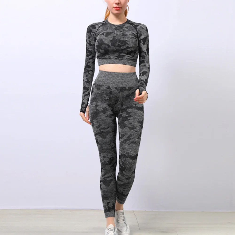 

Бесшовный костюм для йоги, Женский Камуфляжный высокоэластичный вязаный Быстросохнущий комплект из двух предметов для фитнеса и йоги с дли...