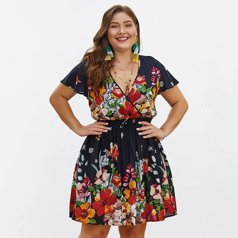 Летние платья большого размера с цветочным принтом 2020 платье коротким рукавом и v