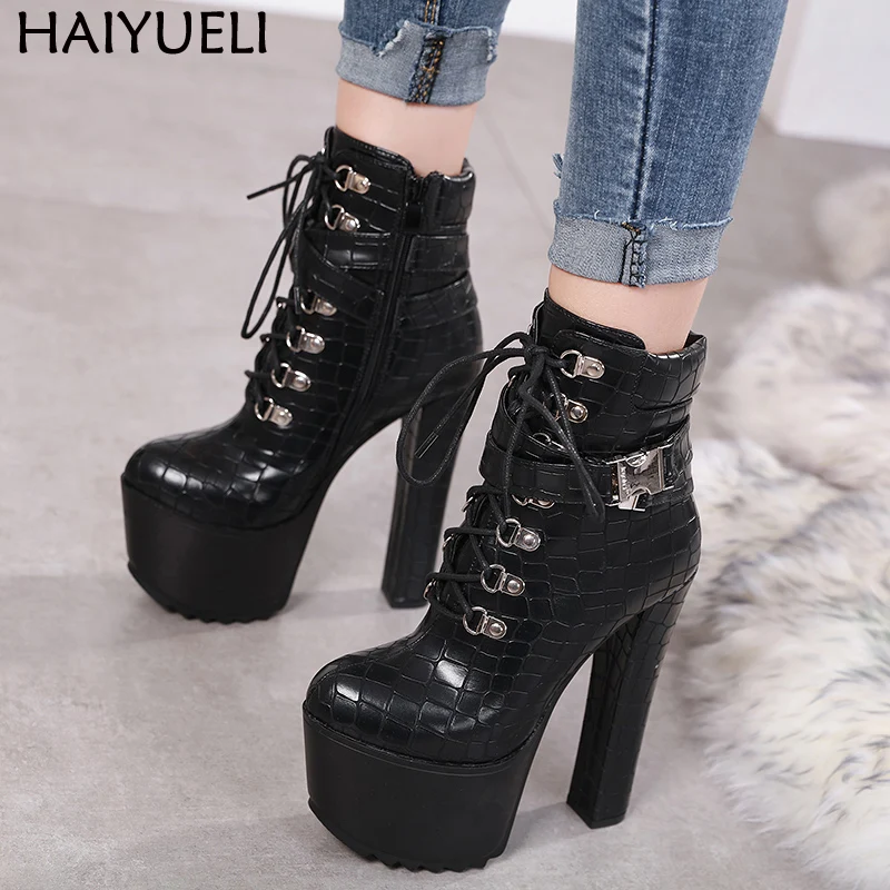 Женская обувь на высоком каблуке 16 см черные ботинки платформе в стиле рок