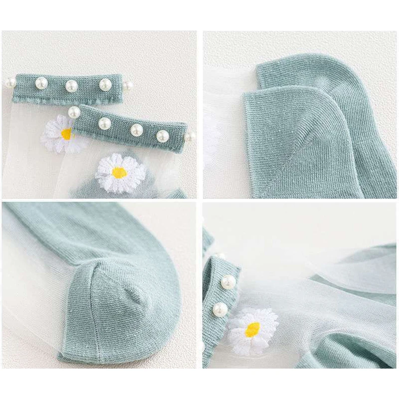 

Daisy Pearl Transparent Socks Cute Mesh Transparent Ultra Thin See Through Lace Socks For Women Girls PR Sale