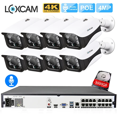 16CH NVR x 8 Camera LOXCAM H.265+ 4K 5MP POE NVR CCTV камера системы 4MP Аудио Открытый Антивандальный ночное видение IP камера 16ch комплект видеонаблюдения - Цвет: 16CH NVR x 8 Camera
