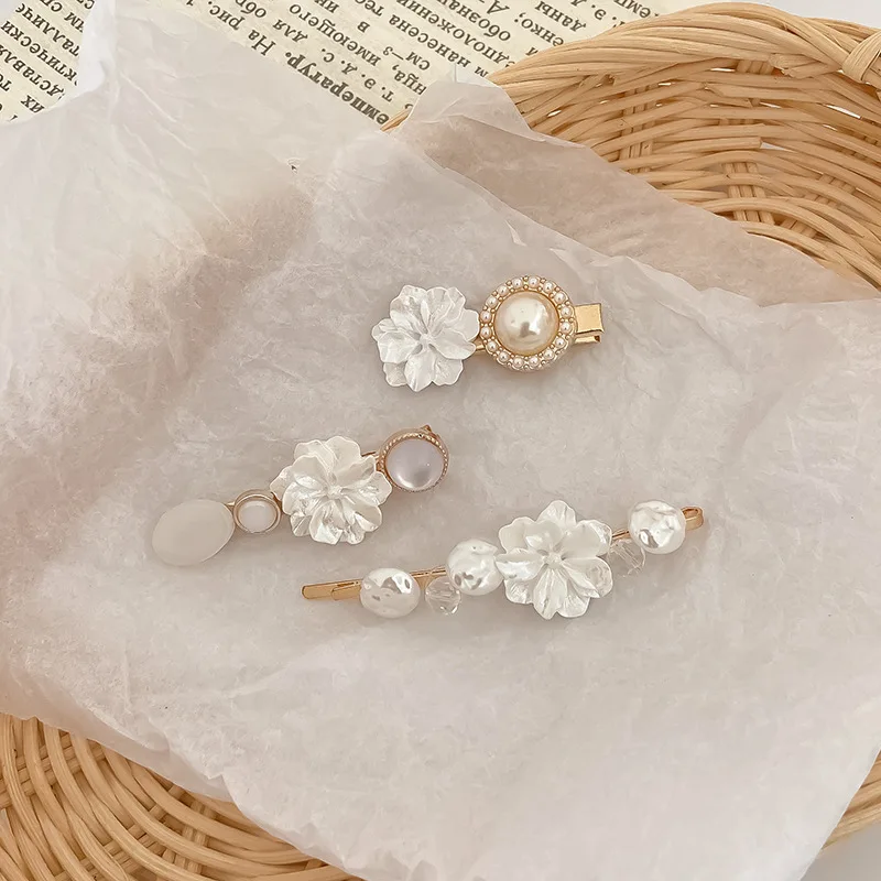 

New Women Elegant Pearl White Flower Hairpins Sweet Hair Decorate Clips Side Duckbill Barrette Headband Fashion Hair Accessories