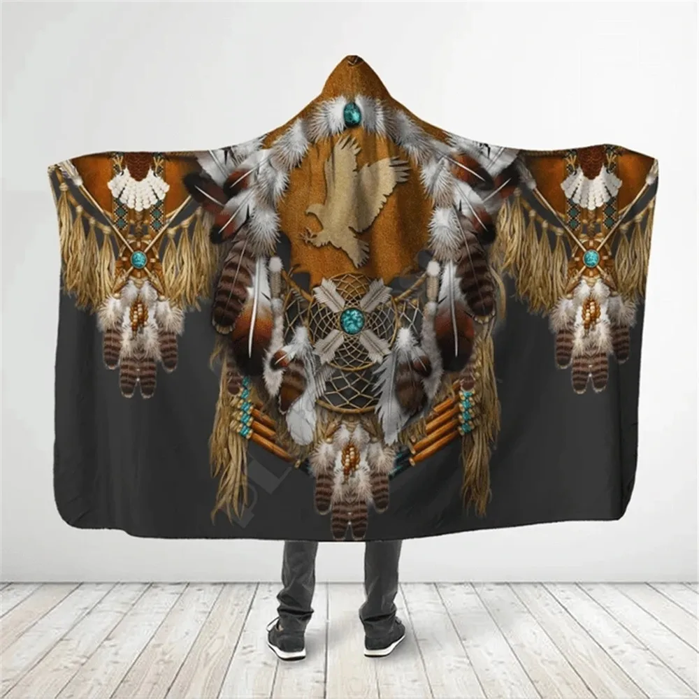 

Native Feather Hooded Blanket 3D All Over Printed Wearable Blanket for Men and Women Adults Kids Fleece Blanket 15