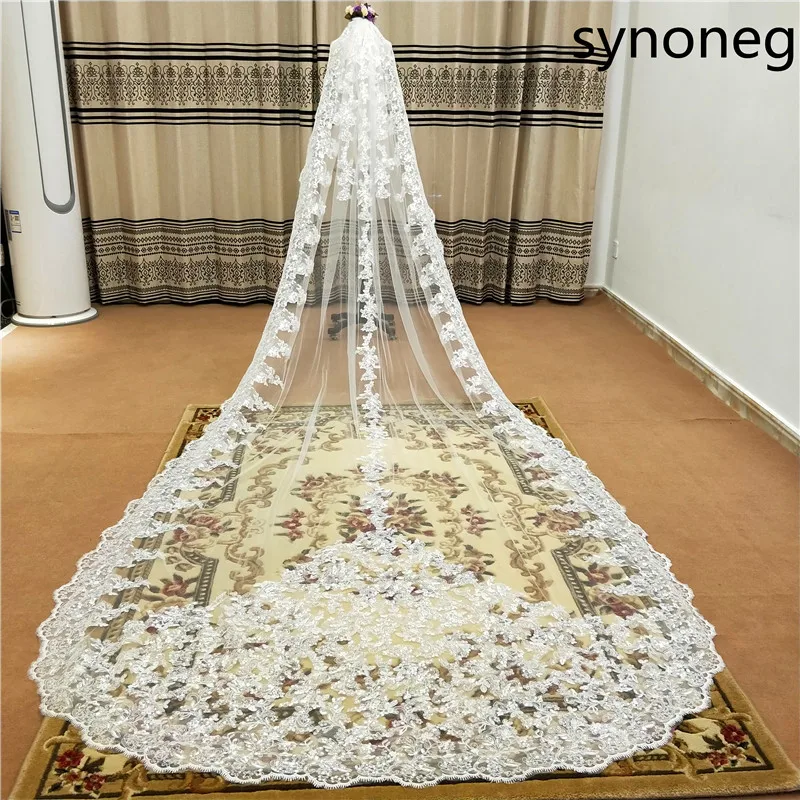 New sparkling beads Cathedral bride veil lace edge 1 layer with metal comb custom 5 meters long wedding |