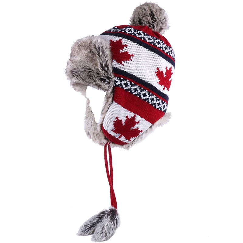 Женская шерстяная шапка ушанка вязаная авиатора с помпоном и Кленовым листом из