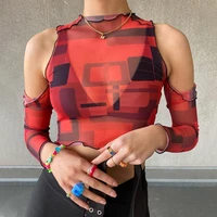 print mesh women long sleeve t shirt crop y2k tops off shoulder see through sheer bodycon 2021 new summer sexy streetwear club