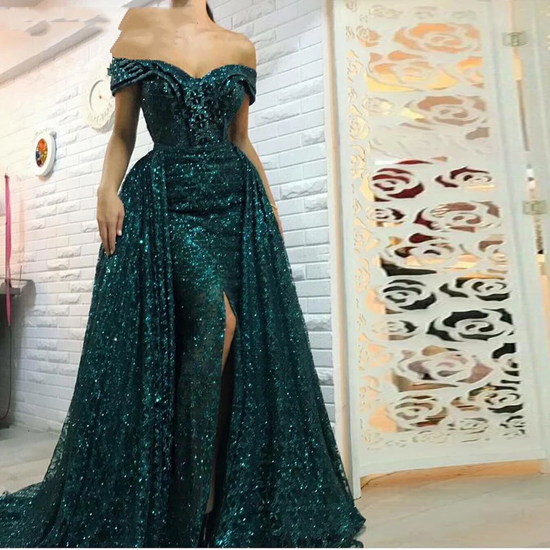 Саудовская Арабская блестящая темно зеленое Русалка вечернее платье со съемным