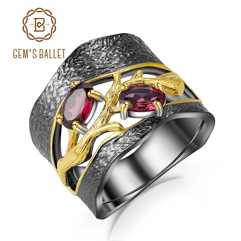 GEM'S балетные 925 пробы, серебряные, оригинальные, ручной работы, ветки, кольца, натуральный родолит, гранат, кольцо с камнями для женщин, хорошее ювелирное изделие