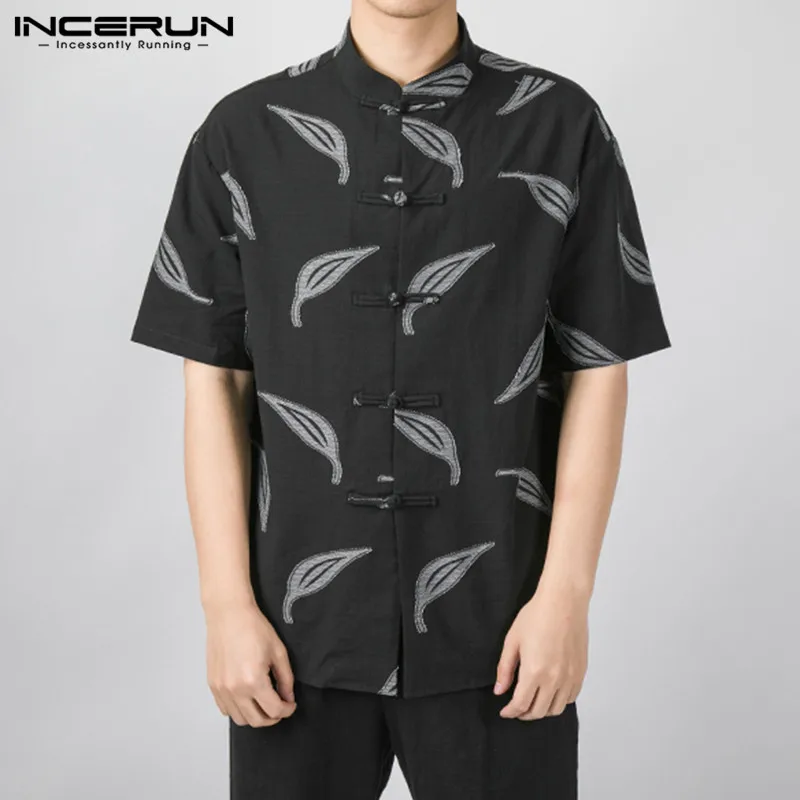 

INCERUN Vintage Shirt Men Printed Stand Collar Button Summer Casual Tops Men Clothing Short Sleeve Street Camisas Hombre 2021