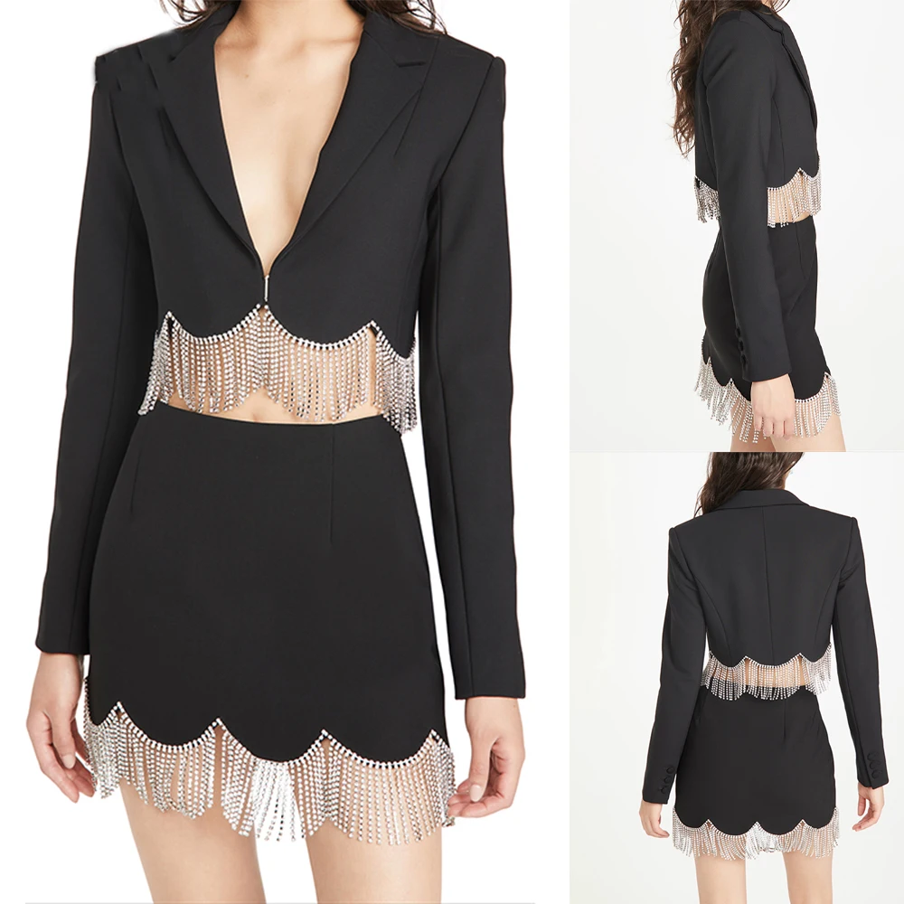 

Designer Black Sequins Women Suits Two Piece Wedding Party Tuxedos Custom Made Jacket + Short Skirt