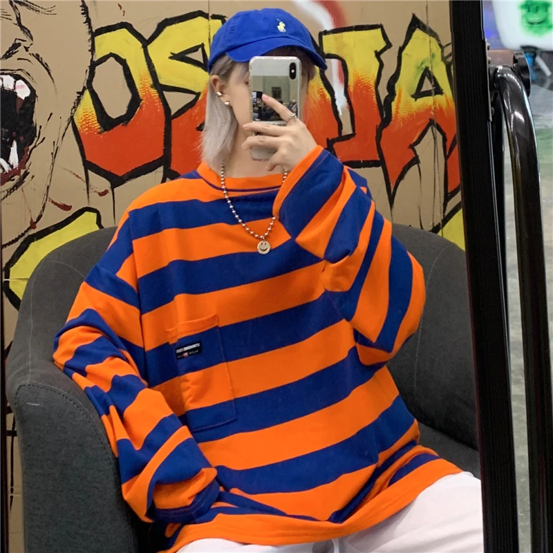 

Focal20 Streetwear Orange and Blue Stripe Women T Shirt Color Block Autumn Women T-shirt Long Sleeve Loose Lady T-shirts