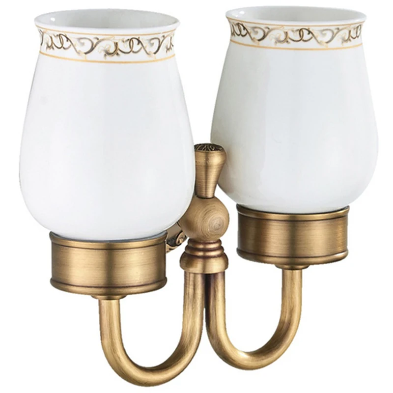 

Antique Brass Wall-Mounted Toothbrush Cup Holder with Double Ceramic Cups