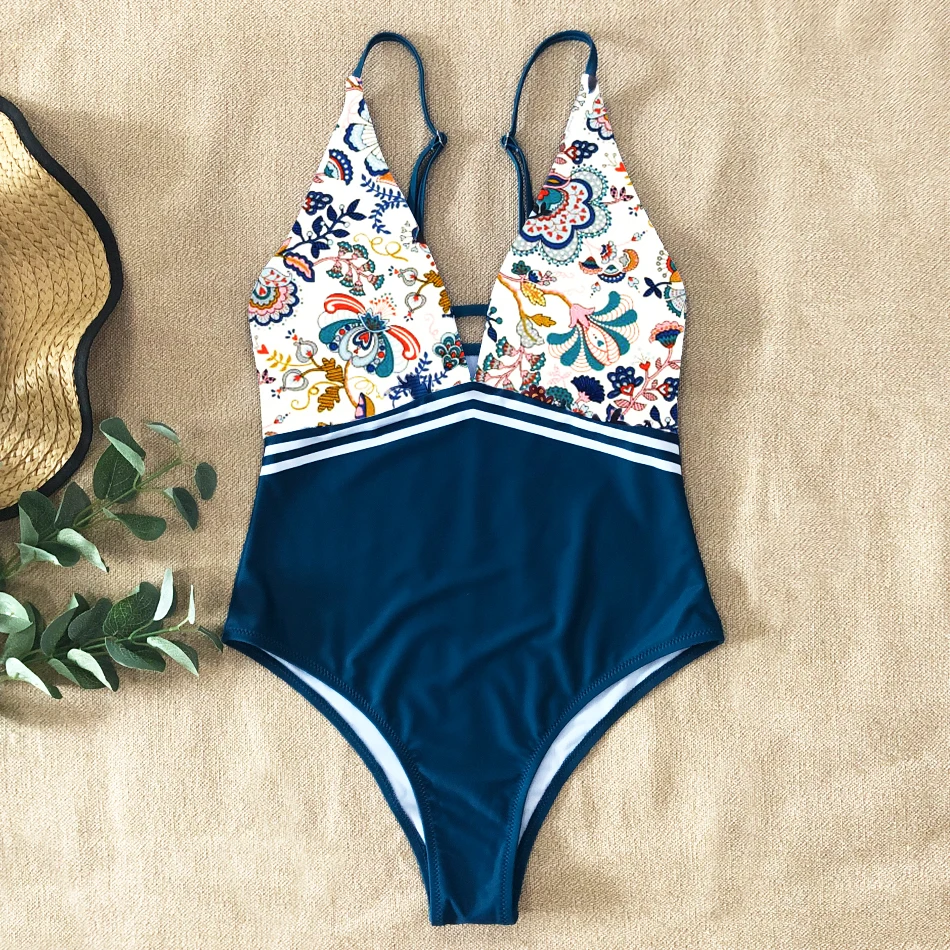 Женский слитный купальник с цветочным принтом сексуальный глубоким v образным