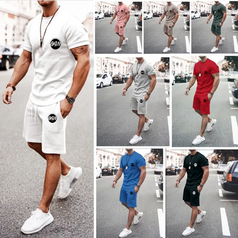 

New Style Fitness Fashion Men's Suit 3D-Printed Men's Wear Casual O Collar Breathable Quick-Dry Summer T-Shirt +Jogging Shorts S