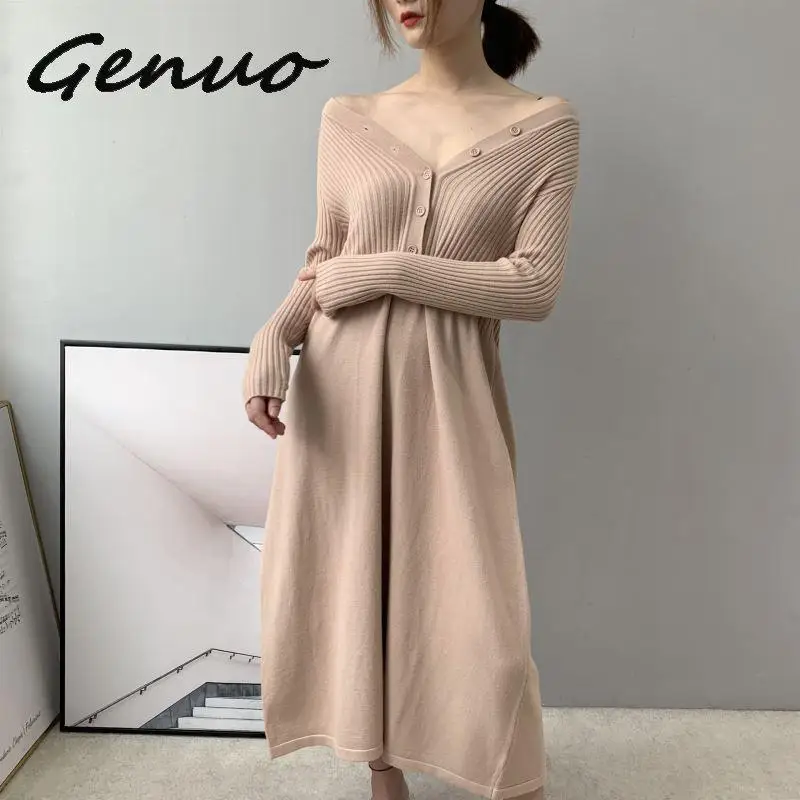 

Genuo New 2019 Autumn and winter women's dress casual solid color V-neck long-sleeved button decorative knit dress Vestidos