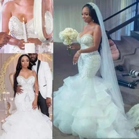 new mermaid wedding dress 2021 sheer ruffles african luxury beaded arabic bridal gowns