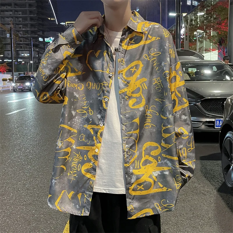 Graffiti Shirt Mens Long Sleeve Print Shirt Loose Button Cardigan Shirts for Men Autumn Thin Coat Mens Fashion Clothing