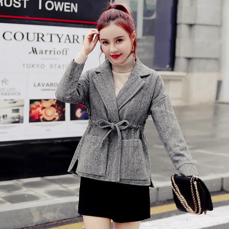 Женское шерстяное пальто в елочку Короткое с узором гусиная лапка Корейском