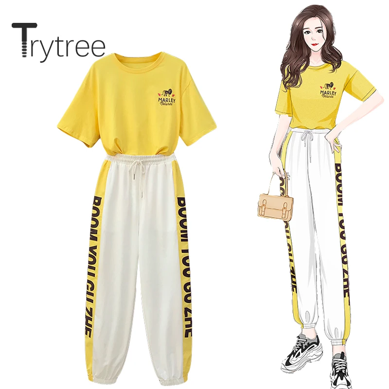 Trytree 2020 летний комплект из двух предметов повседневная желтая футболка с круглым