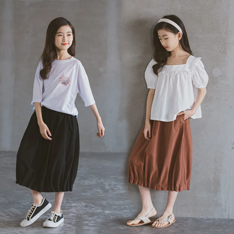 

2021 Spring Summer Girls Skirt Teenage Clothes 100% Cotton Black Brown Mid Long Girls Skirts Princess Autumn Kids Clothing
