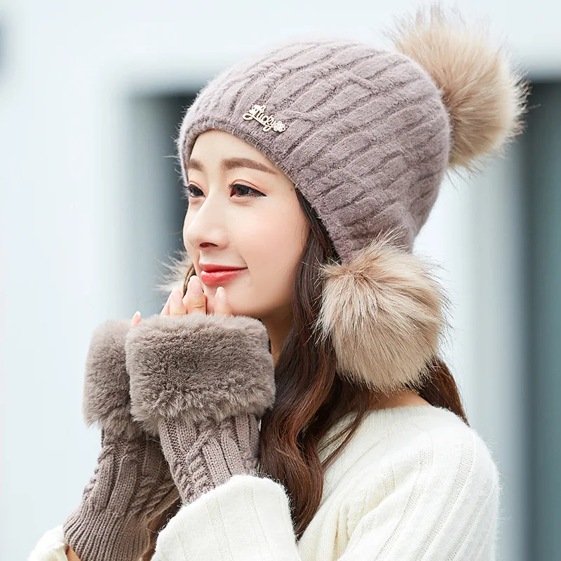 

Hat women winter cute earmuffs knitted fashion thickened gloves fur ball cap beanie hat pom pom hat women winter hat