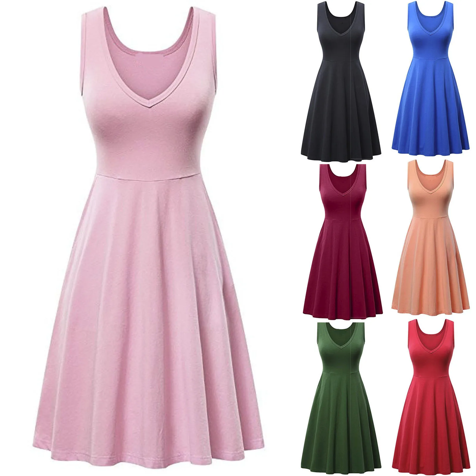 

Женское платье с v-образным воротом, летние штаны С Карманами Платье 2021 Твердые Цвет женские миди без рукавов платья размера плюс пляжное пл...